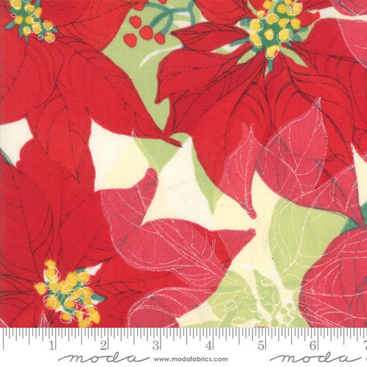 REMNANT 30" of Splendid - Christmas Poinsettias on Cream Fabric, Moda 48650 11, Large Print Christmas Xmas Floral Fabric, Robin Pickens