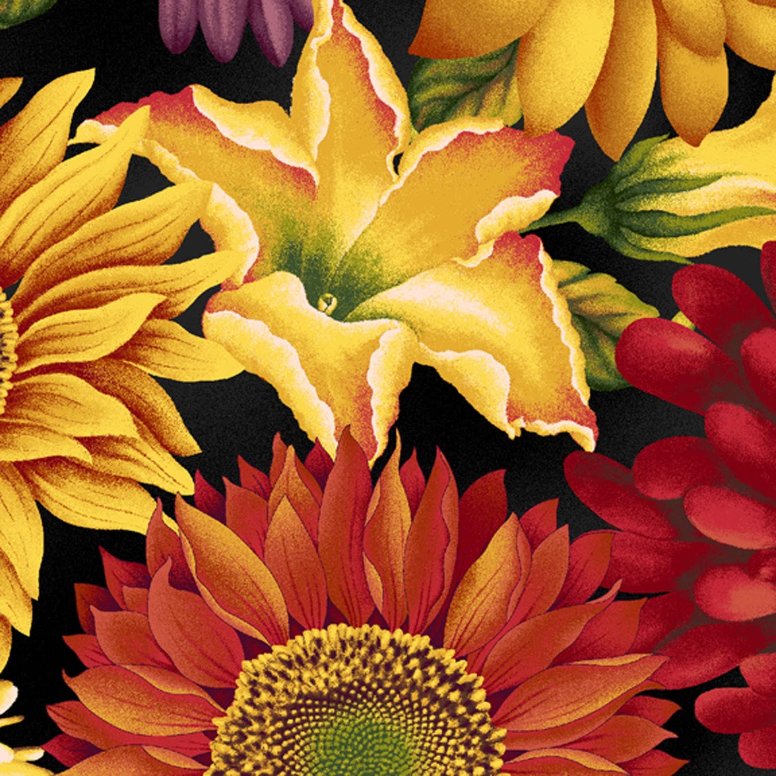 Autumn Time - Sunflowers Chrysanthemums Floral on Black Fabric, Henry Glass HEG2324-99, Fall Autumn Thanksgiving Floral Fabric