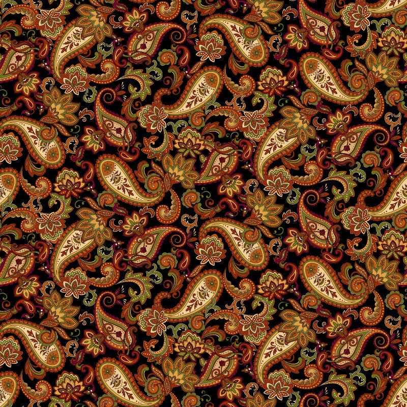 Autumn Time - Black Paisley Fabric, Henry Glass HEG2323-99, Fall Autumn Thanksgiving Paisley Fabric