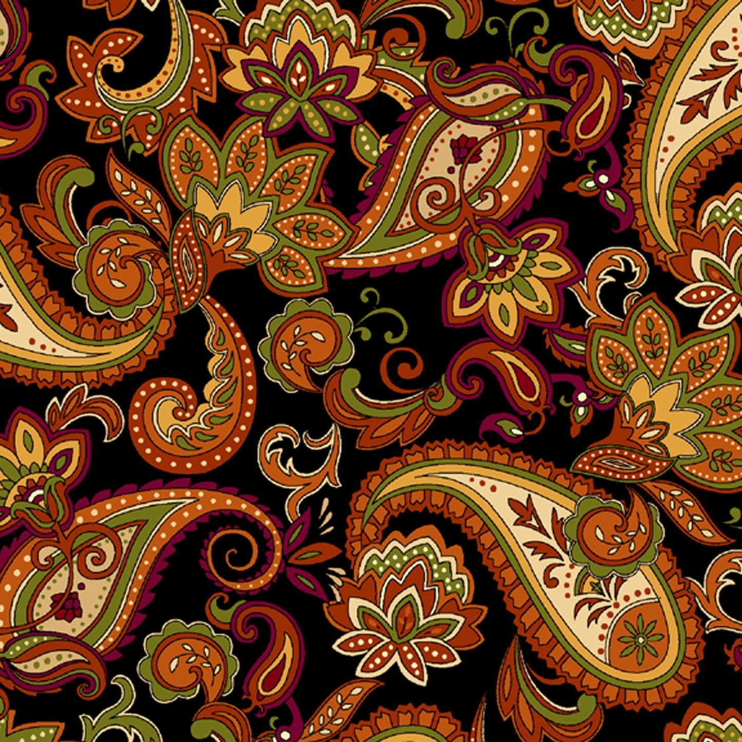 Autumn Time - Black Paisley Fabric, Henry Glass HEG2323-99, Fall Autumn Thanksgiving Paisley Fabric