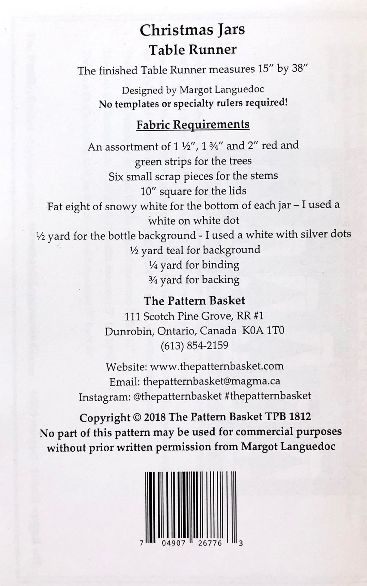 Christmas Jars Table Runner Quilt Pattern, The Pattern Basket TPB1812, Scrap Friendly Christmas Xmas Holiday Table Quilt Pattern