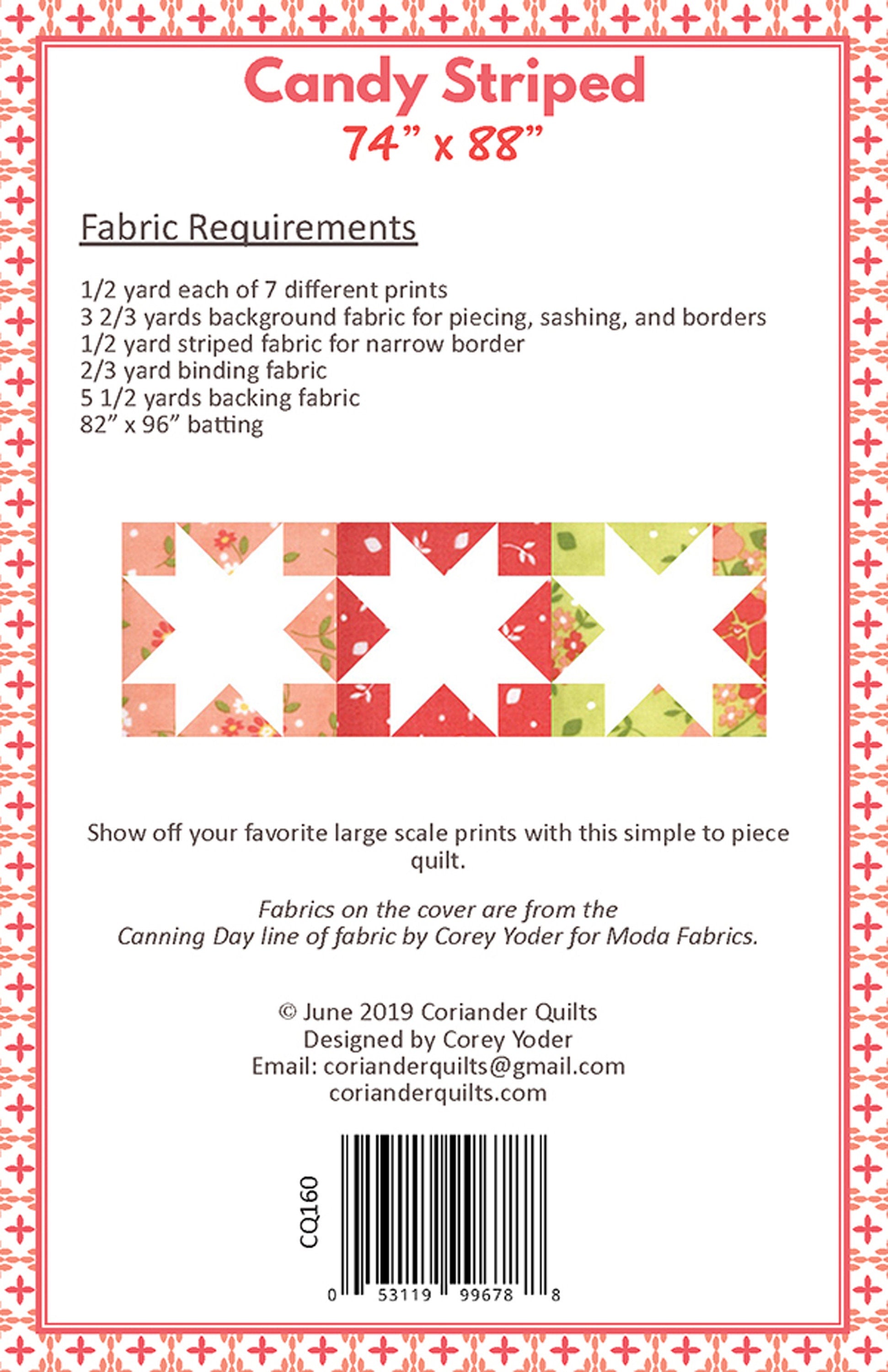 LAST CALL - Candy Striped Quilt Pattern, Coriander Quilts CQ 160 , Patterns for Yardage, Modern Star Quilt, Corey Yoder