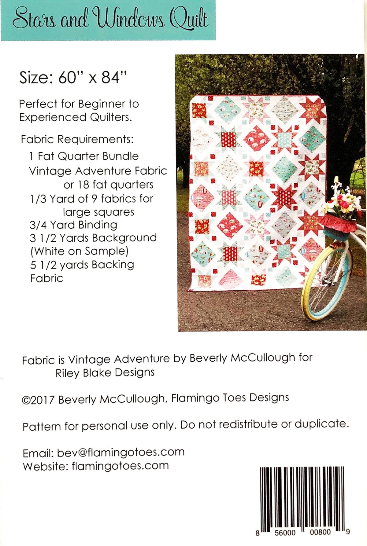 LAST CALL - Stars Windows Quilt Pattern, Flamingo Toes Ft-8009, 18 Fat Quarter FQ Friendly Stars Squares Throw Quilt, Beverly McCullough