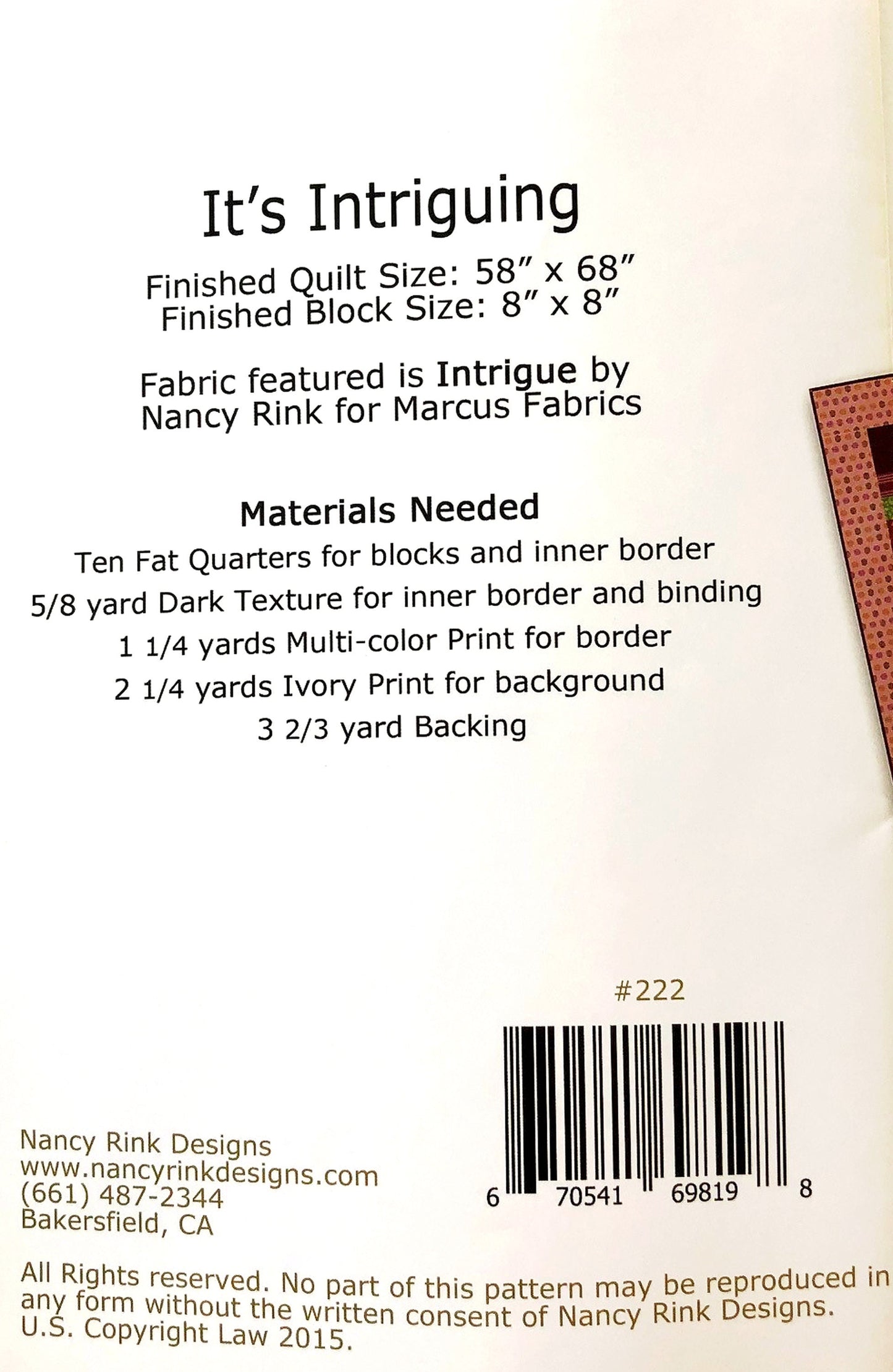 LAST CALL - It's Intriguing Quilt Pattern, Nancy Rink Designs NRD222, Fat Quarter FQ Friendly Modern Contemporary Throw Quilt Pattern