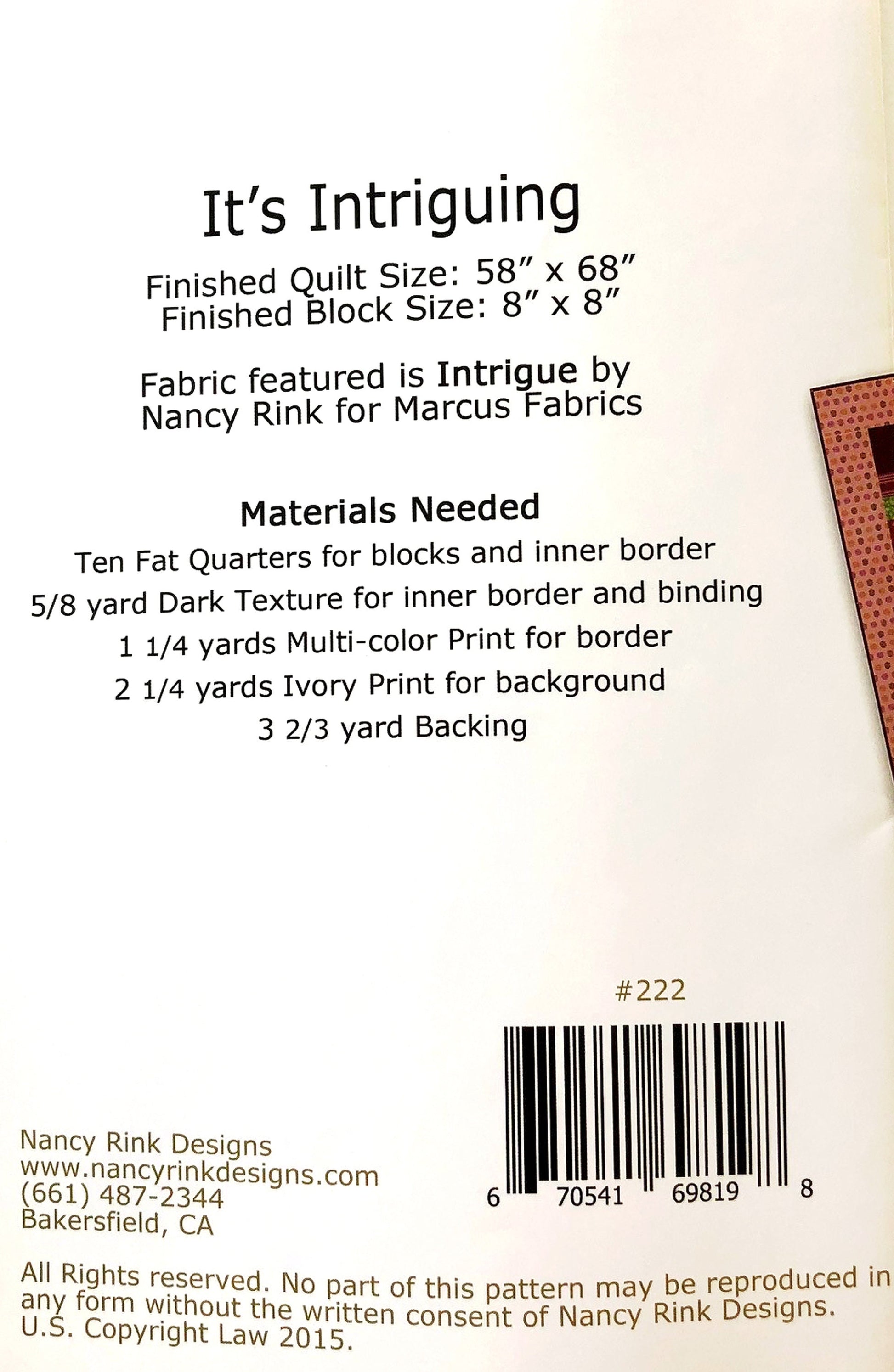 LAST CALL - It's Intriguing Quilt Pattern, Nancy Rink Designs NRD222, Fat Quarter FQ Friendly Modern Contemporary Throw Quilt Pattern