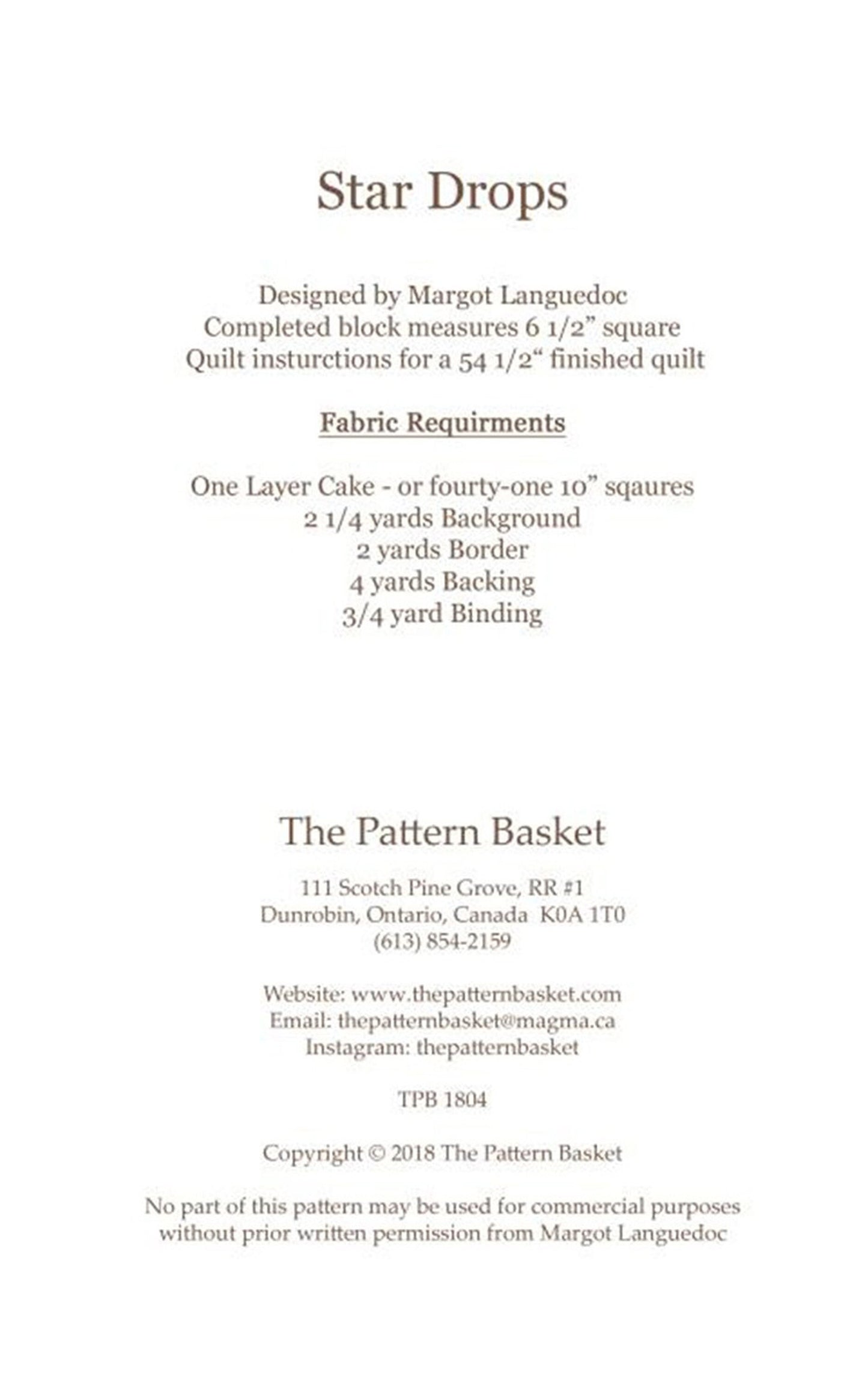 Star Drops Quilt BLOCK Pattern, The Pattern Basket TPB 1804, Layer Cake Friendly Star Block Pattern, Star Lap Quilt Pattern