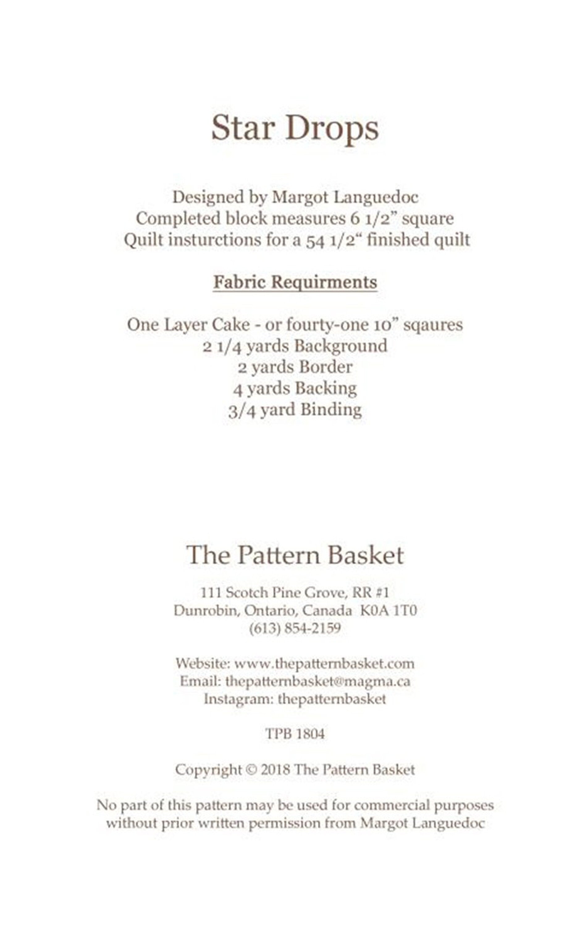 Star Drops Quilt BLOCK Pattern, The Pattern Basket TPB 1804, Layer Cake Friendly Star Block Pattern, Star Lap Quilt Pattern