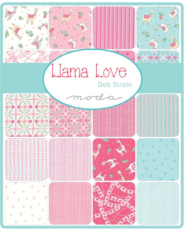 Llama Love 5" Charm Pack OOP, Moda 19920PP, 5" Precut Pink Blue Llama Fabric Squares, Valentine's Day Charm Pack Fabric, Deb Strain