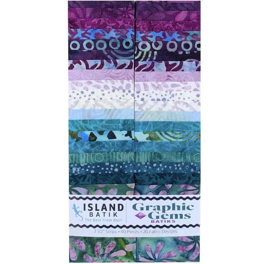 Graphic Gems Strip Pack, Island Batik, 2.5" Precut Purple Teal Green Batik Fabric Strips