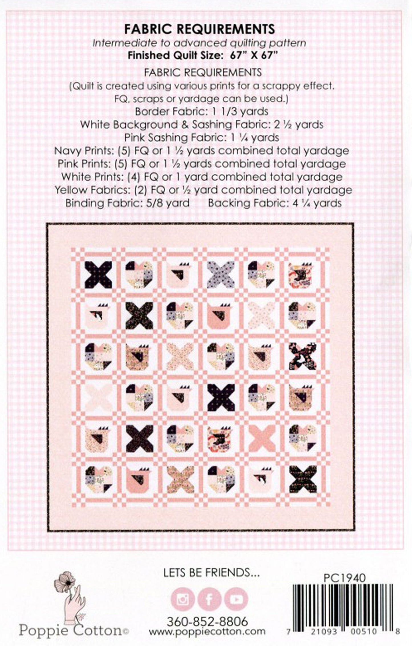 LAST CALL Chicken Love Quilt Pattern, Poppie Cotton PC1940, Fat Quarter FQ Friendly Chicken Rooster Hearts Throw Quilt Pattern
