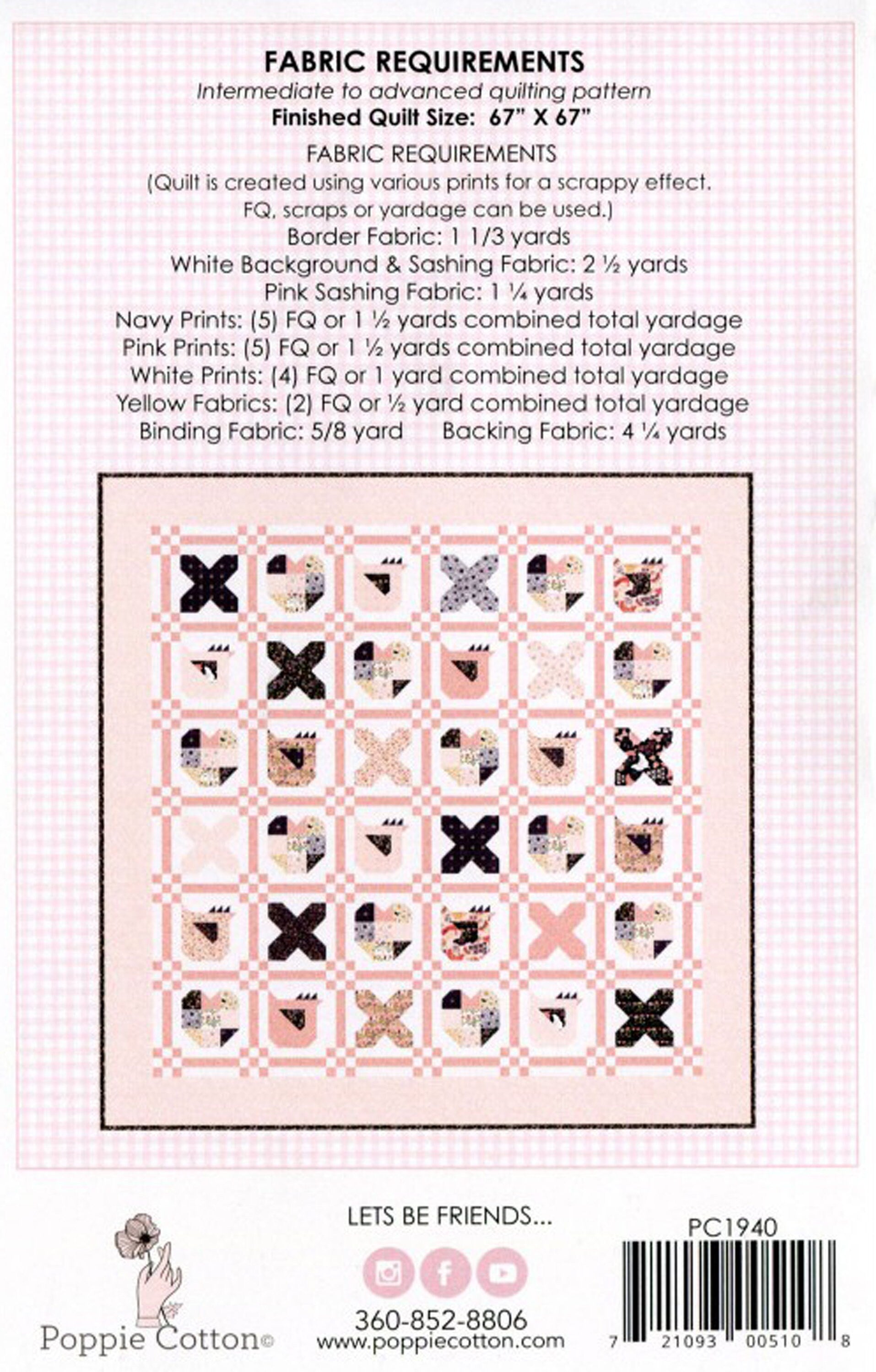 LAST CALL Chicken Love Quilt Pattern, Poppie Cotton PC1940, Fat Quarter FQ Friendly Chicken Rooster Hearts Throw Quilt Pattern