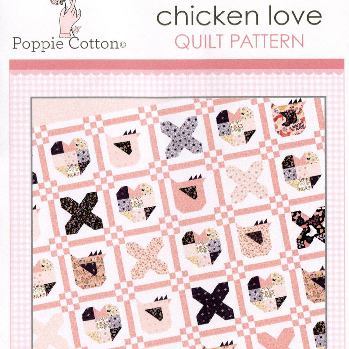 LAST CALL Chicken Love Quilt Pattern, Poppie Cotton PC1940, Fat Quarter FQ Friendly Chicken Rooster Hearts Throw Quilt Pattern