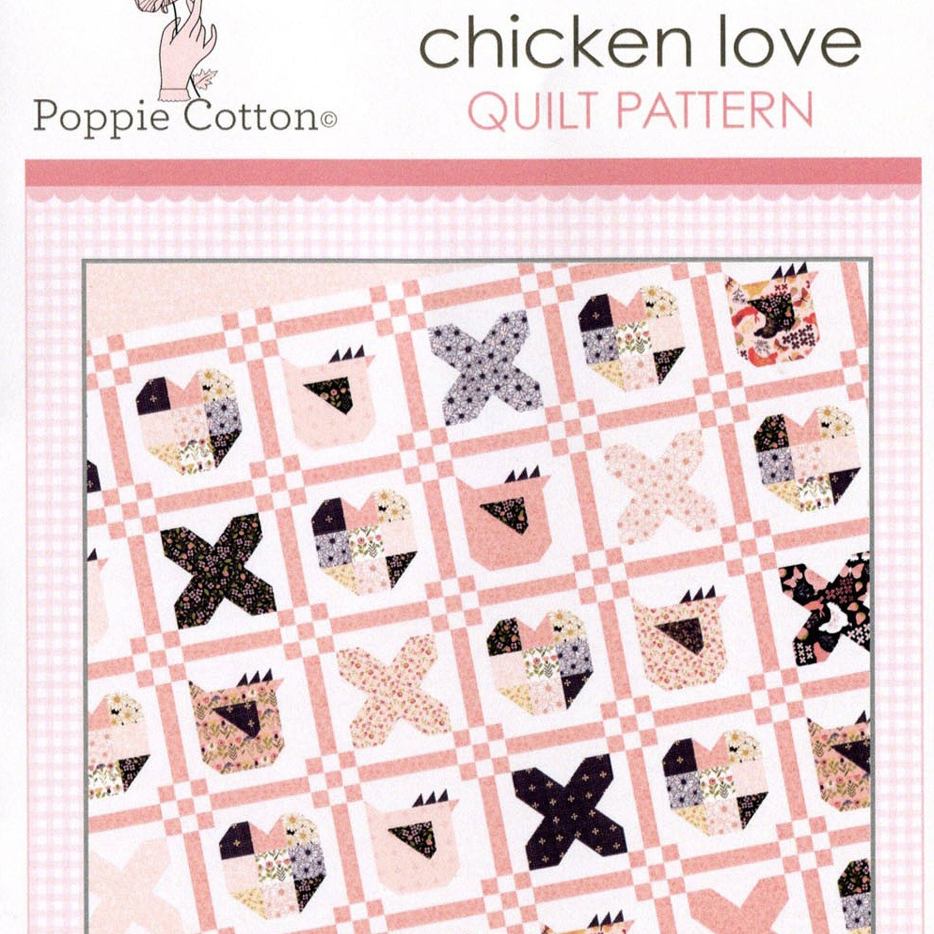 LAST CALL Chicken Love Quilt Pattern, Poppie Cotton PC1940, Fat Quarter FQ Friendly Chicken Rooster Hearts Throw Quilt Pattern