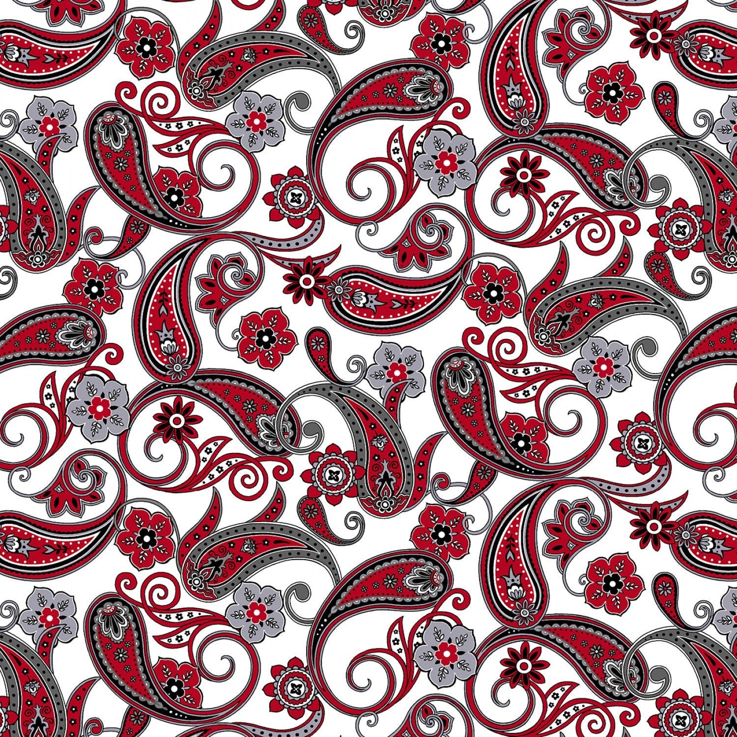 Black White and Red Hot Paisley Fabric, Henry Glass 2444-02, Quilter's Cotton, Paisley Apparel Fabric, By the Yard