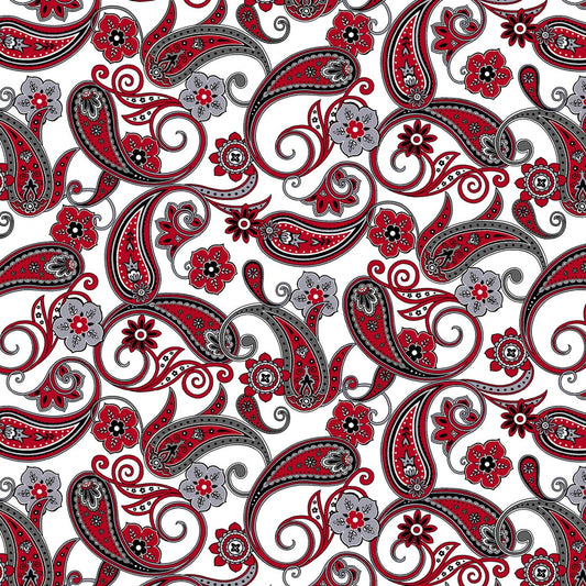 Black White and Red Hot Paisley Fabric, Henry Glass 2444-02, Quilter's Cotton, Paisley Apparel Fabric, By the Yard