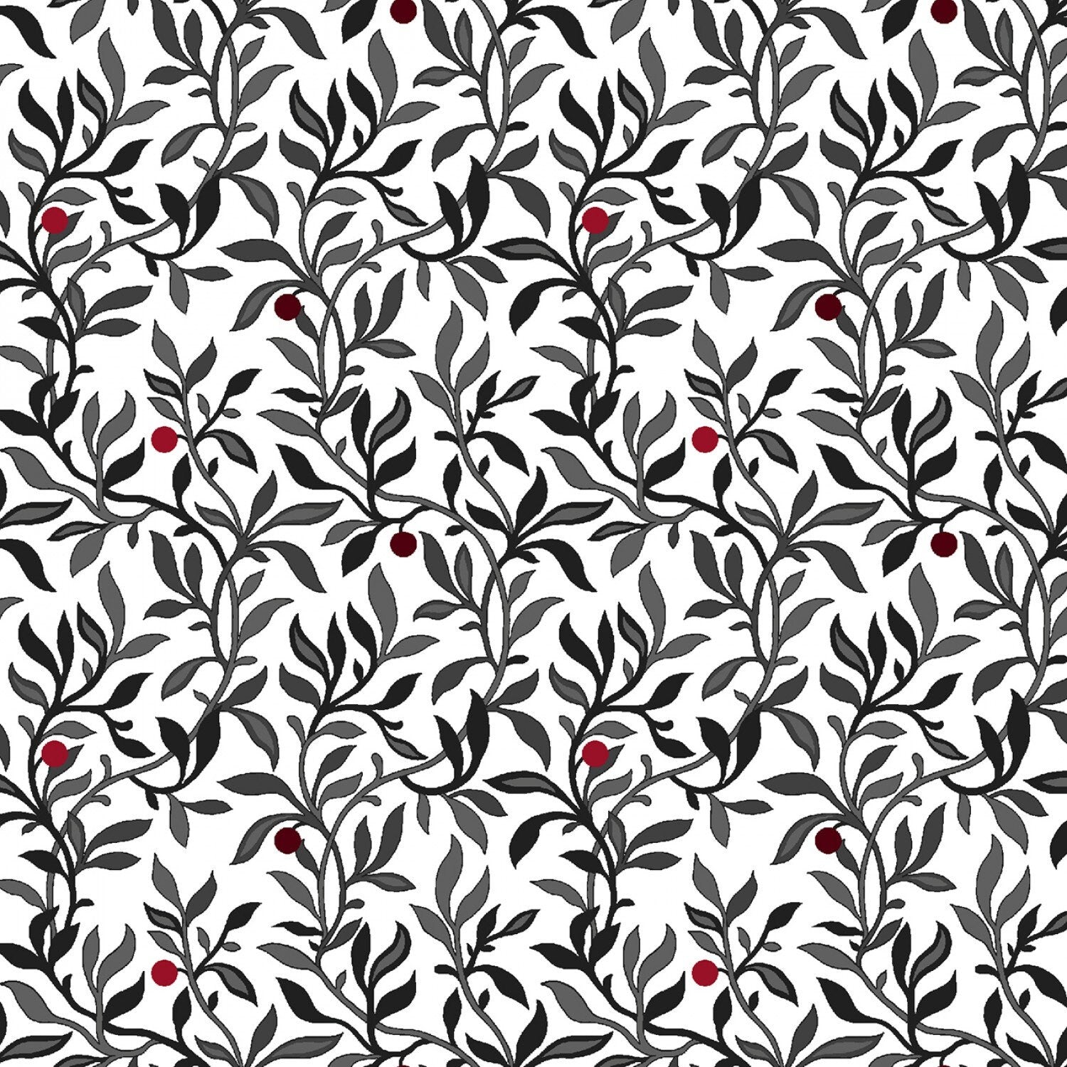 Black White and Red Hot Berry Vine Fabric, Henry Glass 2447-01, Quilter's Cotton, Apparel Fabric, By the Yard