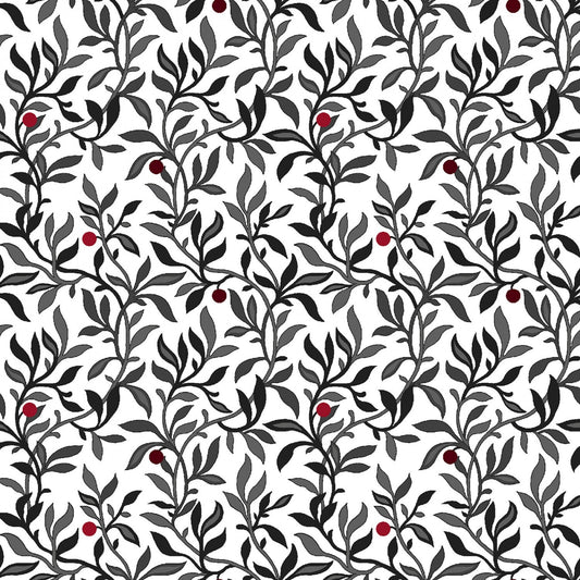 Black White and Red Hot Berry Vine Fabric, Henry Glass 2447-01, Quilter's Cotton, Apparel Fabric, By the Yard