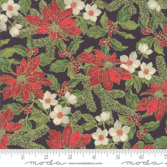 REMNANT 33" of Poinsettias and Pine - Ebony Black Christmas Floral Gold Metallic Fabric, Moda 33511 14M, By the Yard