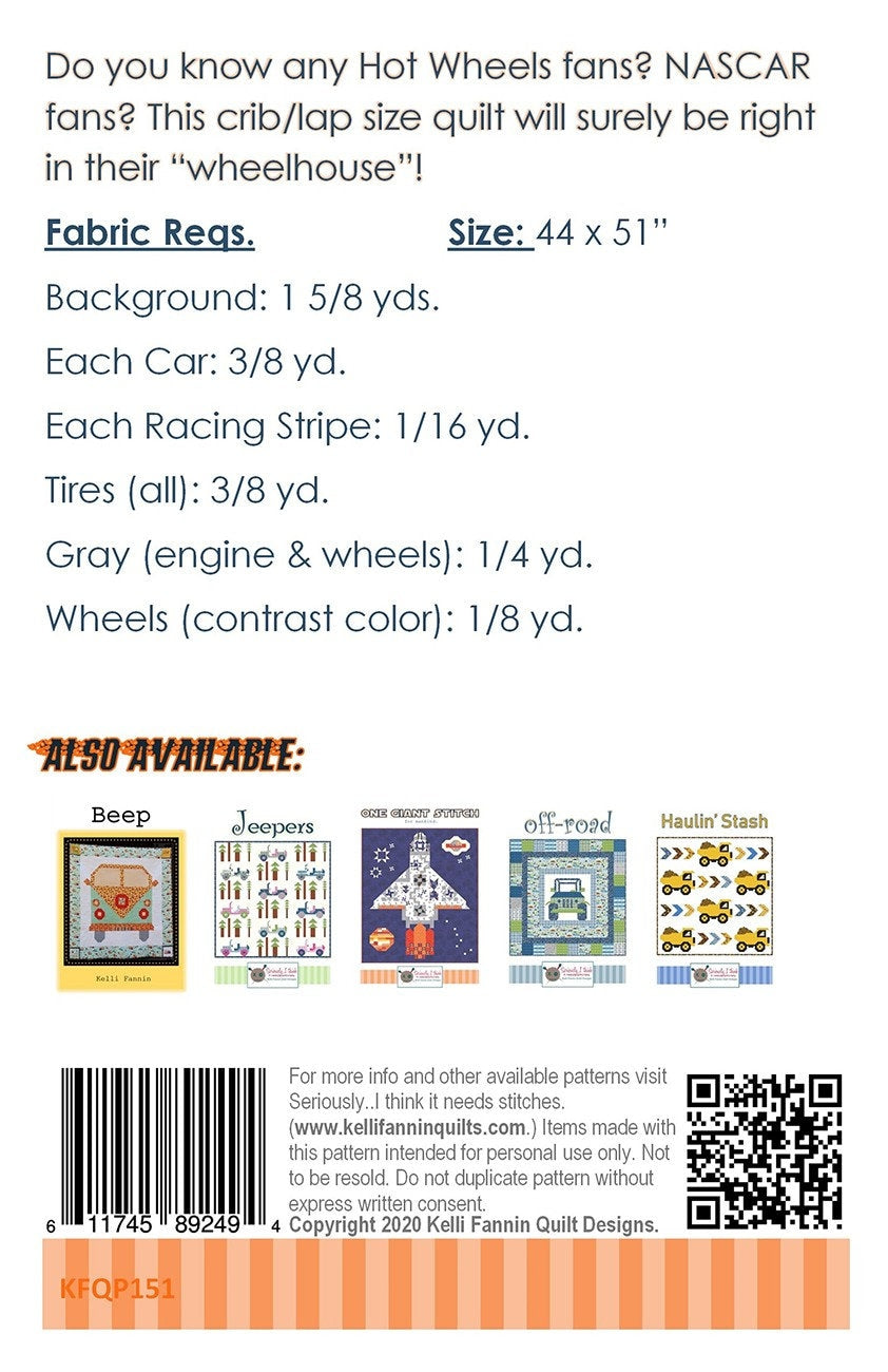 Wheel Life Quilt Pattern, Kelli Fannin Quilt KFQP151, Hot Wheels Cars Quilt Pattern, Crib Lap Car Quilt, Nascar Hot Rods Quilt Pattern
