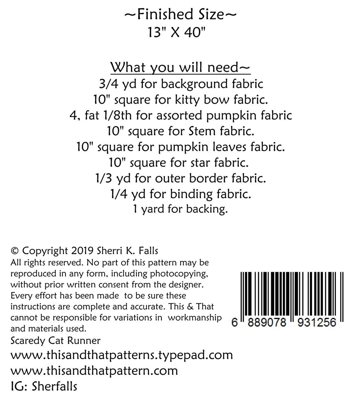 Scaredy Cat Quilt Pattern, This and That TAT348, Yardage Scrap Friendly Halloween Black Cats Pumpkins Table Runner Quilt Pattern