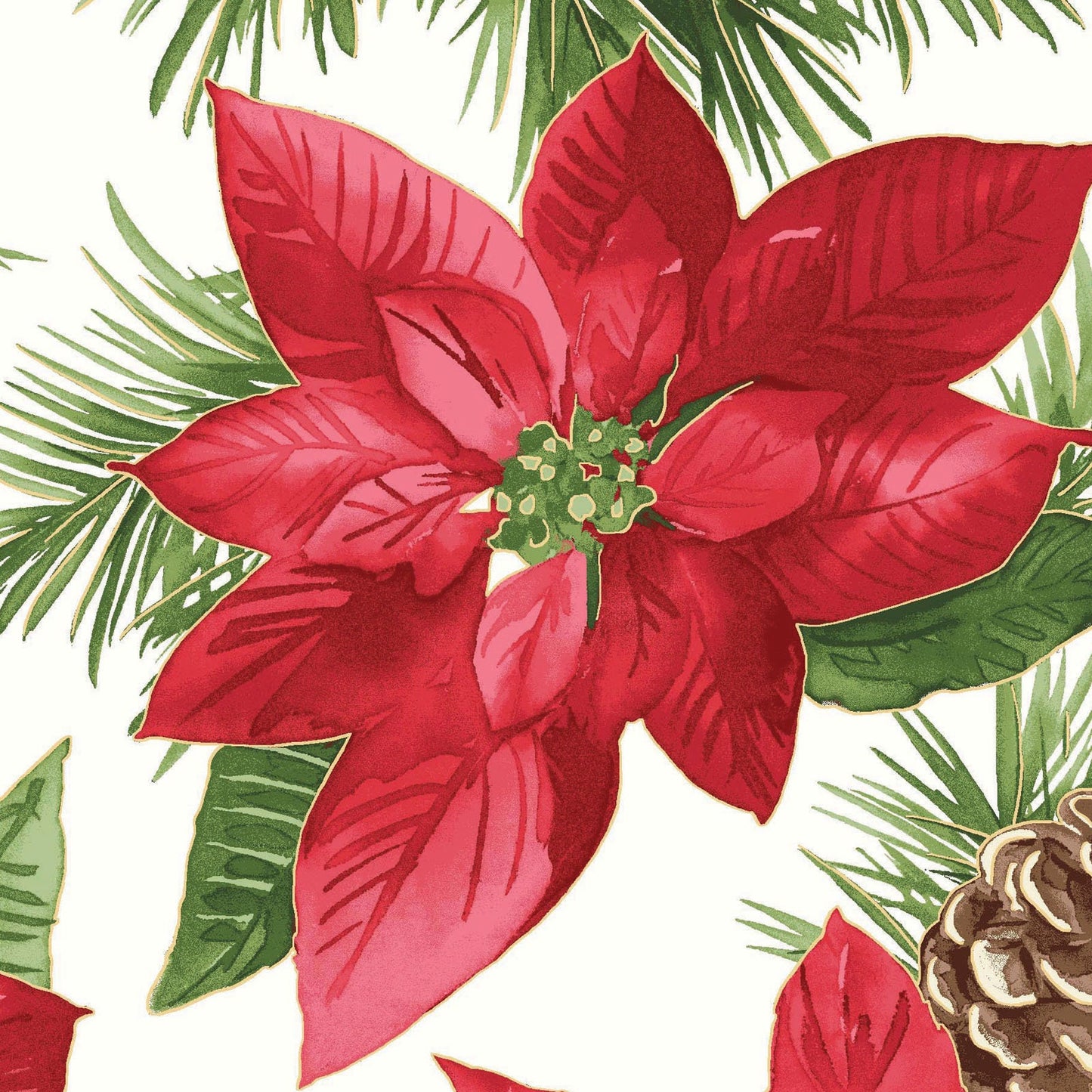 REMNANT 24" of Glad Tidings - Poinsettias on Soft White Fabric with Gold Accents, Maywood Studio MAS9820-SWR, Cotton Christmas Fabric