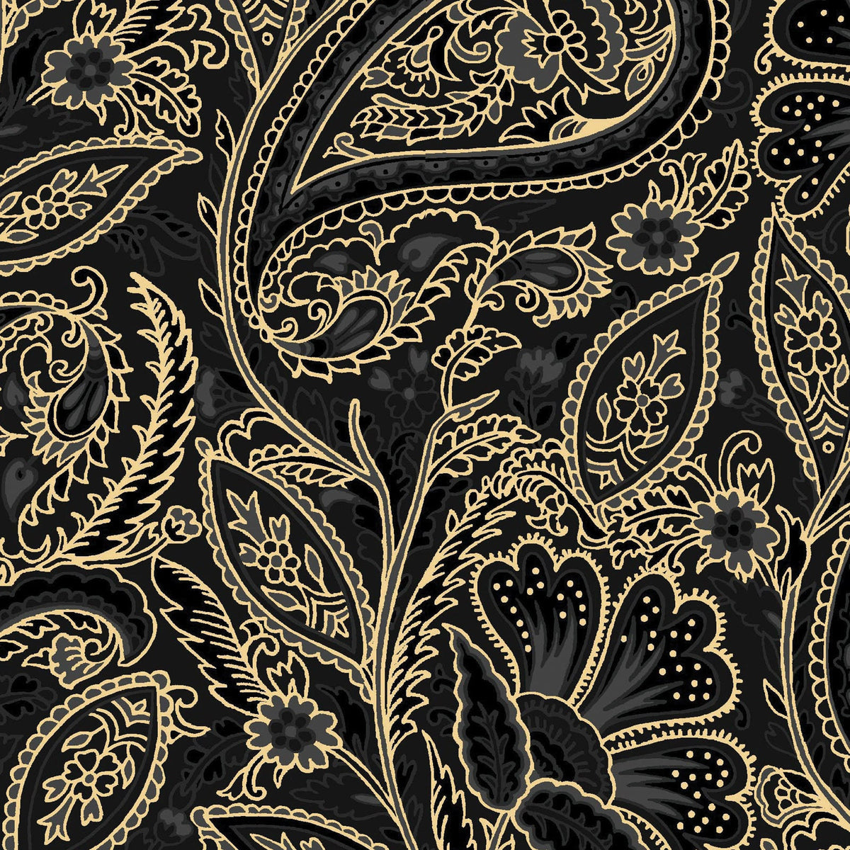 Glad Tidings - Black Gray Paisley with Gold Metallic Accents Fabric, Maywood Studio MAS9823-J Jet Black, Cotton Quilt Fabric, By the Yard