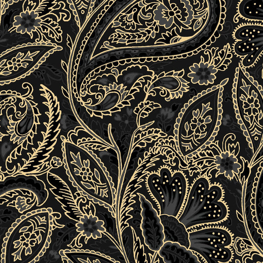 Glad Tidings - Black Gray Paisley with Gold Metallic Accents Fabric, Maywood Studio MAS9823-J Jet Black, Cotton Quilt Fabric, By the Yard