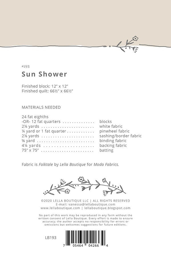 LAST CALL - Sun Shower Quilt Pattern, Lella Boutique LB193, Fat Eighths Quarter Friendly Square Pinwheel Throw Quilt Pattern