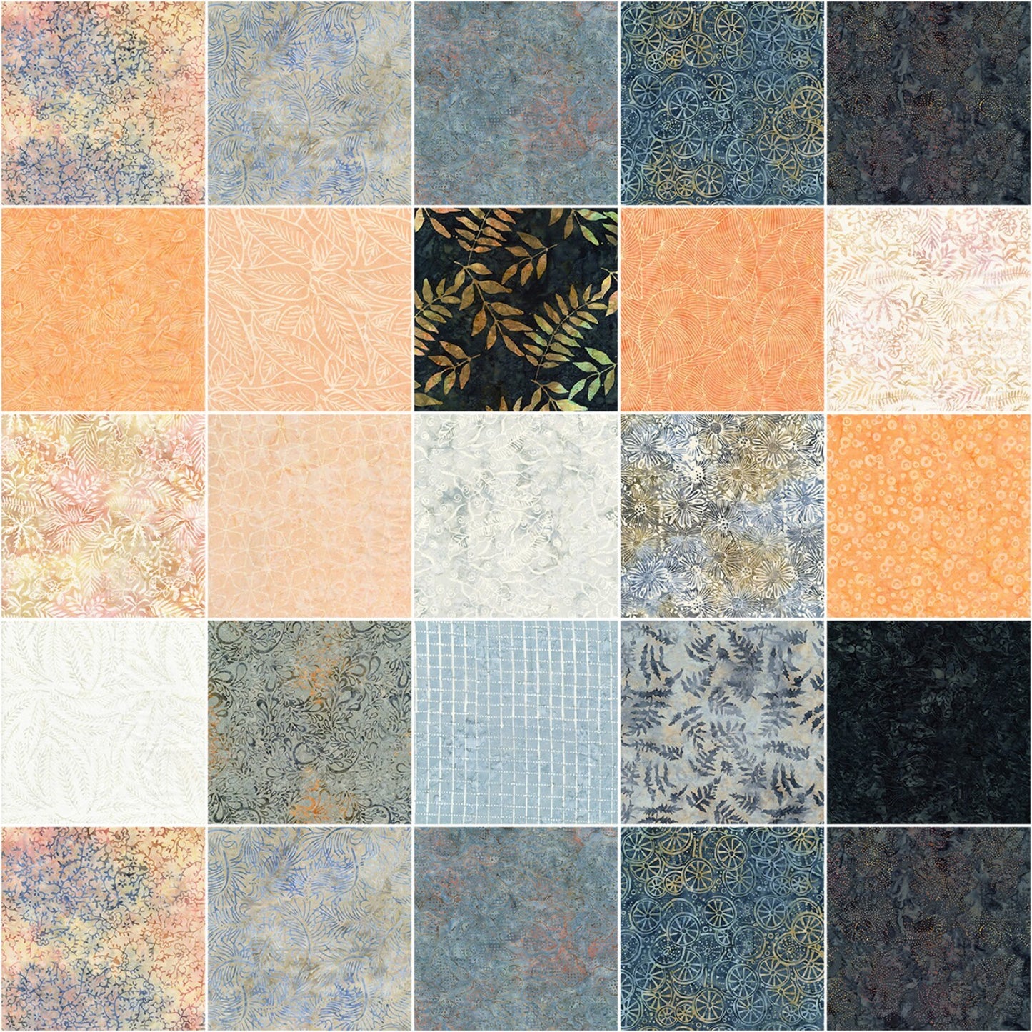 DESTASH Horizon Batik 5" Squares, Timeless Treasures Treat MINI-HORIZON, 5" Precut Peach Blue Batik Charm Pack Fabric Squares