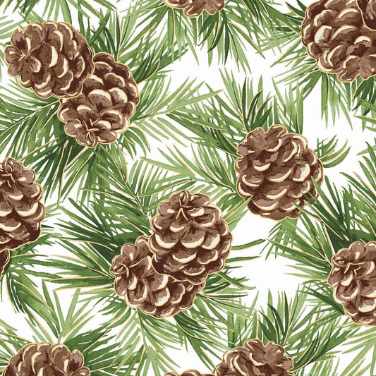 REMNANT 26" of Glad Tidings - Pine Cones on White Fabric, Maywood Studio MAS9822-SW, Christmas Xmas Pine Cones Quilting Fabric