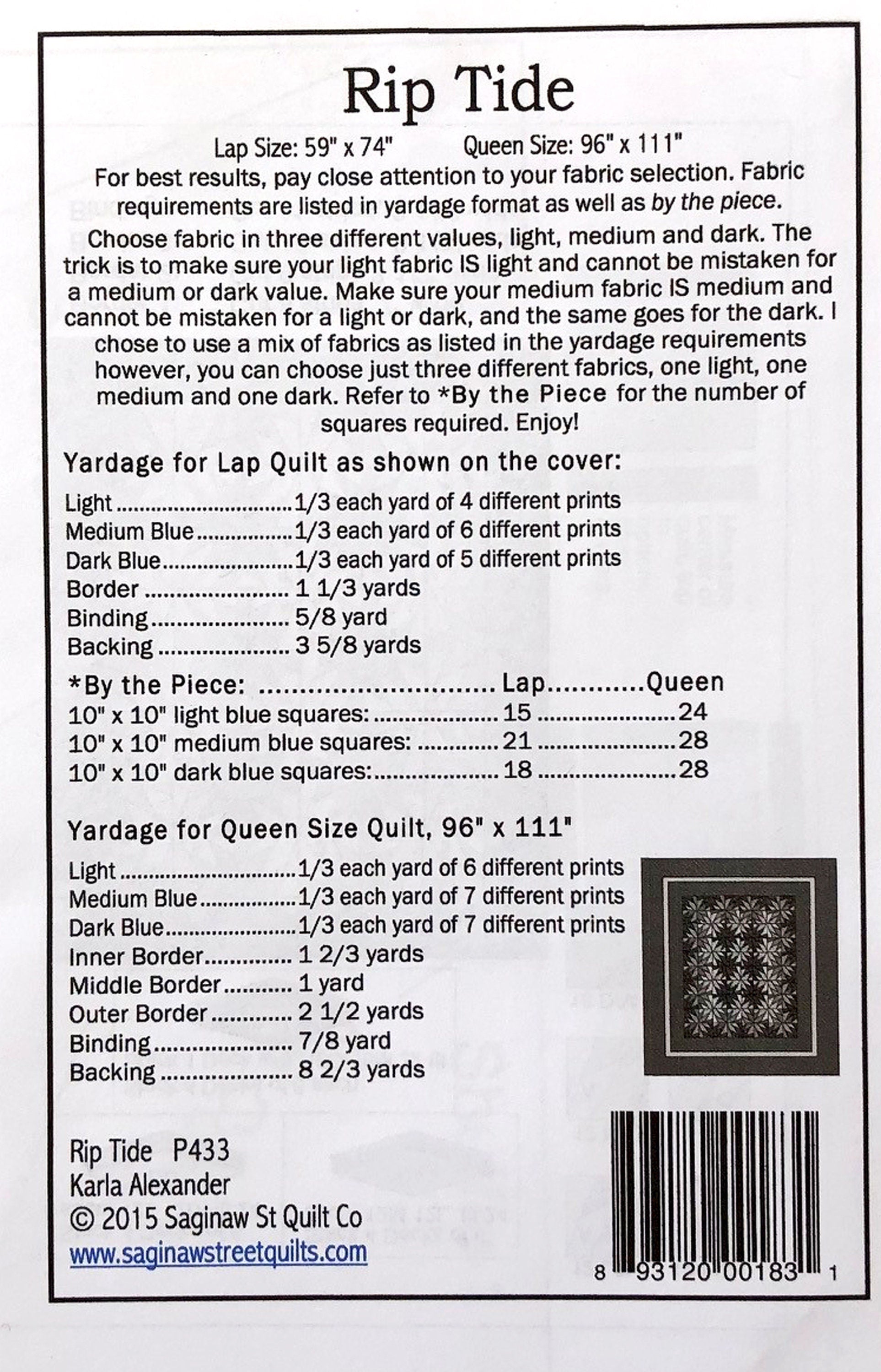 Rip Tide Quilt Pattern, Saginaw Street Quilt Company SSQ433, Yardage Friendly Modern Contemporary Throw Queen Quilt Pattern