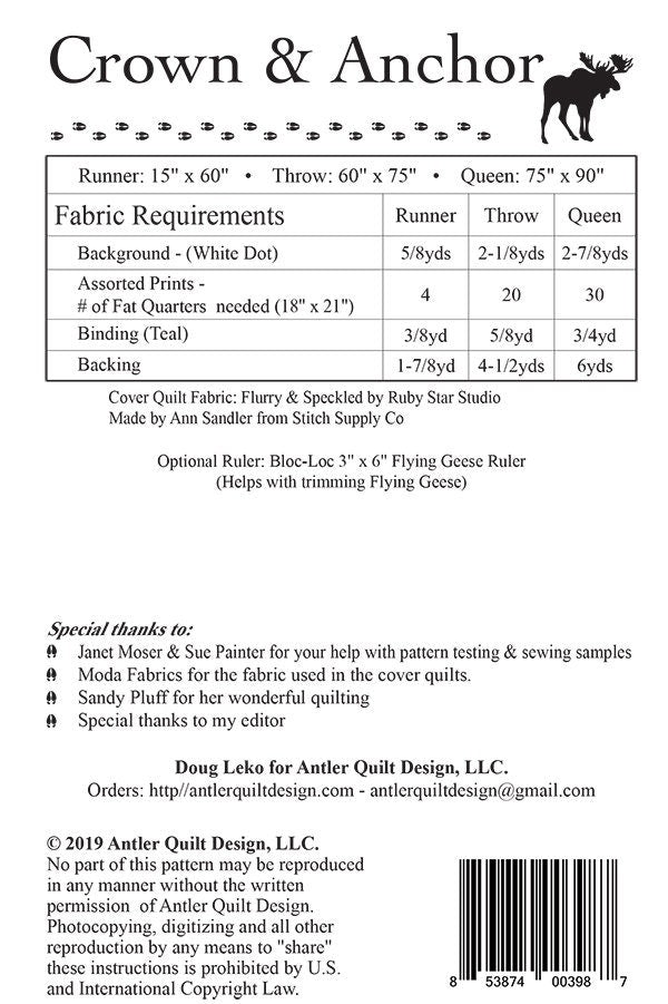 Crown and Anchor Quilt Pattern, Antler Quilt Design AQD0266, Fat Quarter FQ Friendly Large Blocks Table Runner Throw Queen Quilt Pattern