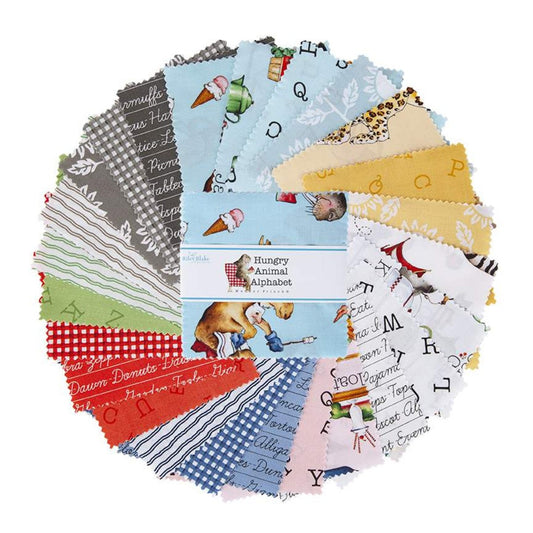 Hungry Animal Alphabet 5" Stacker OOP, Riley Blake 5-10180-42, 5" Precut Baby Nursery Whimsical Animal Fabric Squares, J Wecker Frisch