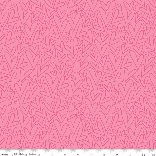 REMNANT 26" of Sending Love - Pink Hearts Valentine's Day Fabric, Riley Blake C10082-PINK, Outlined Hearts Cotton Fabric