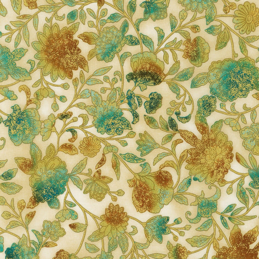 DESTASH Fiorella - Beige Teal Rust Floral with Gold Metallic Accents Fabric, Robert Kaufman SRKM-19549-265 Parchment, By the Yard