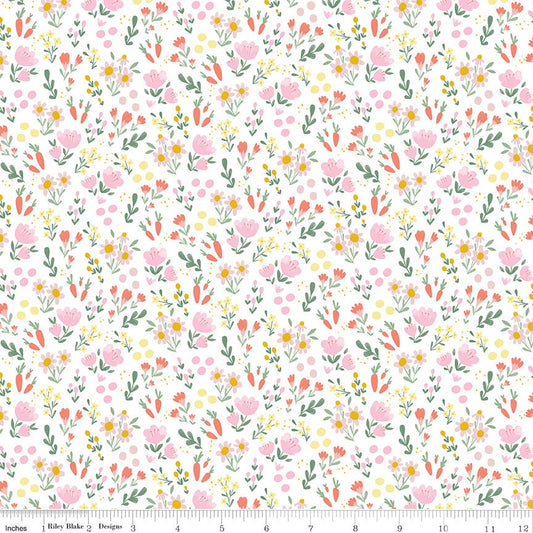LAST CALL - Easter Egg Hunt Floral White Fabric, C10274-WHITE, All Over Flowers Carrots Fabric, Riley Blake, By the Yard