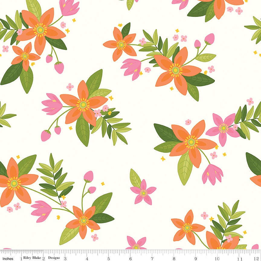 REMNANT 27" of Grove - Main Cloud Orange Pink Floral Fabric, Riley Blake C10140-CLOUD, Jillily Studio, By the Yard