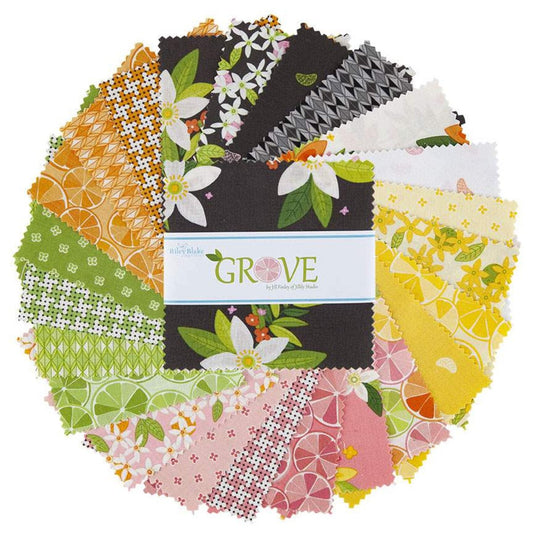 Grove 5" Stacker, Riley Blake 5-10140-42, 5" Precut Citrus Fruit Themed Fabric Squares Charm Pack, Jillily Studio