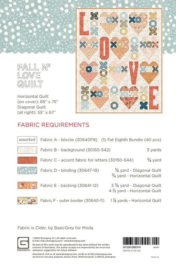 Fall N Love Quilt Pattern, BasicGrey PAT031, Fat Eighths F8 Friendly Valentine Love Wedding Throw Quilt Pattern