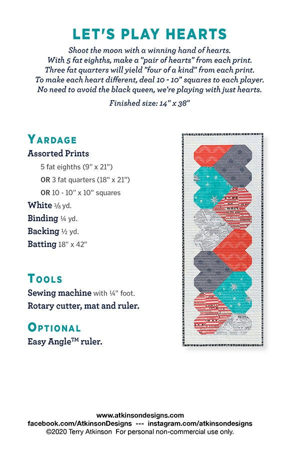 Let's Play Hearts Table Runner Quilt Pattern, Atkinson Designs ATK-202, Fat Eighths Fat Quarters Layer Cake Friendly Heart Table Quilt