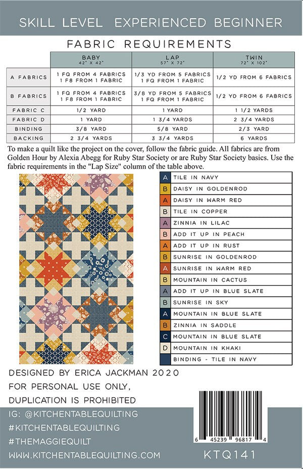 The Maggie Quilt Pattern, Kitchen Table Quilting KTQ141, Fat Quarter Yardage Friendly Star Quilt Pattern, Ruby Star Society