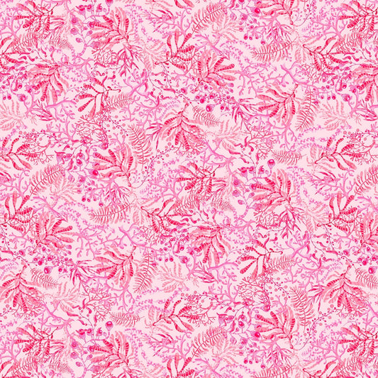 REMNANT 1 Yard 3" of Blooming Ocean - Light Pink Red Seaweed Digitally Printed Fabric, Studio E 5404S-22, Pink Red Blender Fabric