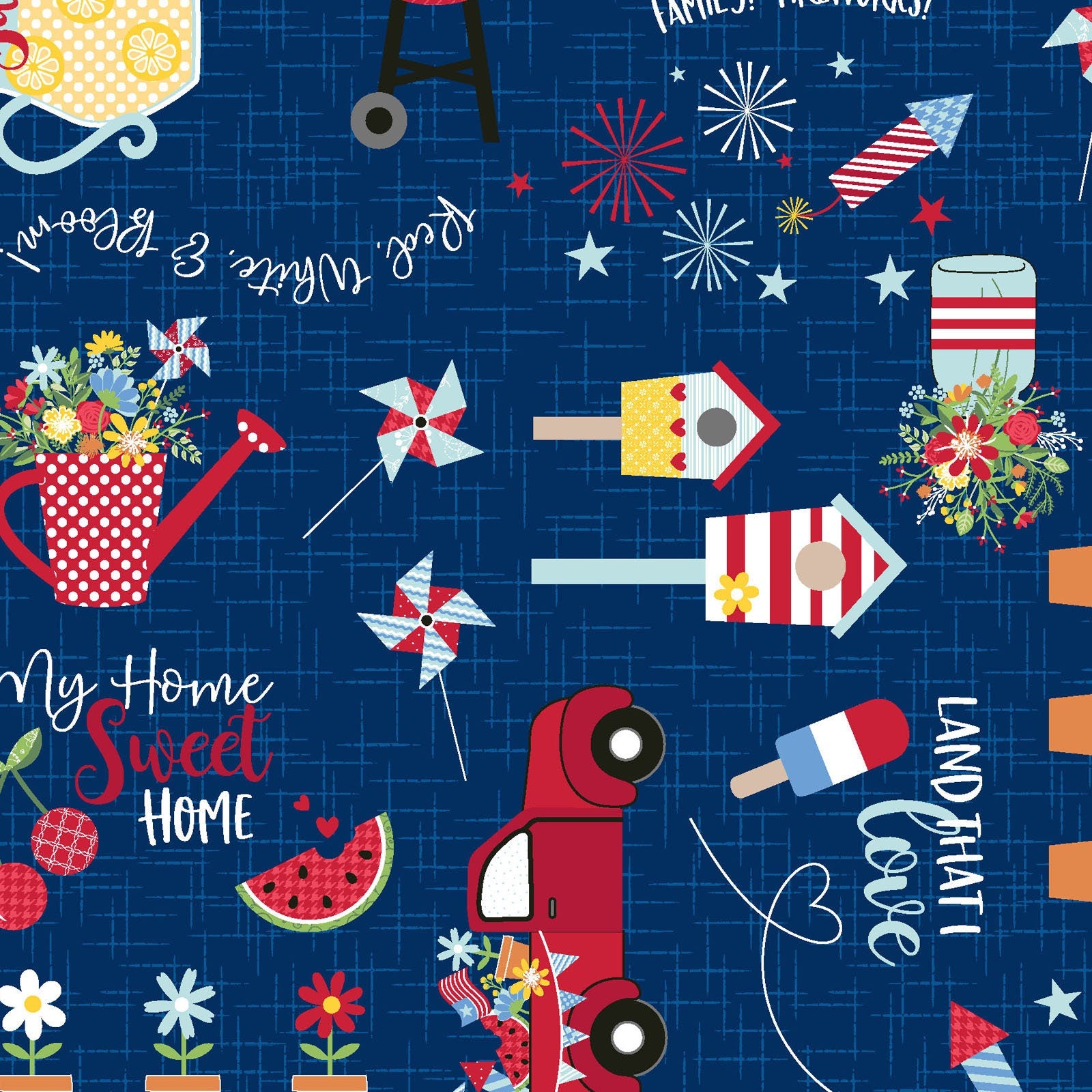 Red White and Bloom - Graffiti Multi Fabric, Maywood Studio MASRWB-N, Patriotic Summer Themed Fabric, Independence Day, By the Yard