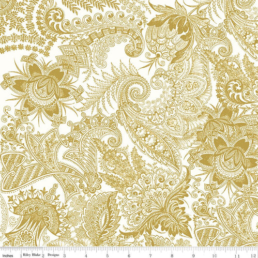 Classic Caskata White Gold Sparkle Paisley Fabric, Riley Blake SC10383-GOLD, Gold Metallic Paisley Cotton Quilt Fabric, By the Yard