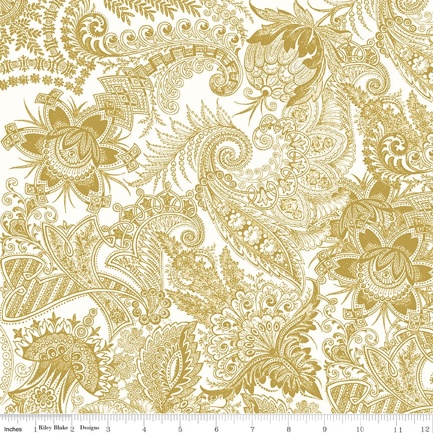 REMNANT 35" of Classic Caskata White Gold Sparkle Paisley Fabric, Riley Blake SC10383-GOLD, Gold Metallic Paisley Cotton Quilt Fabric