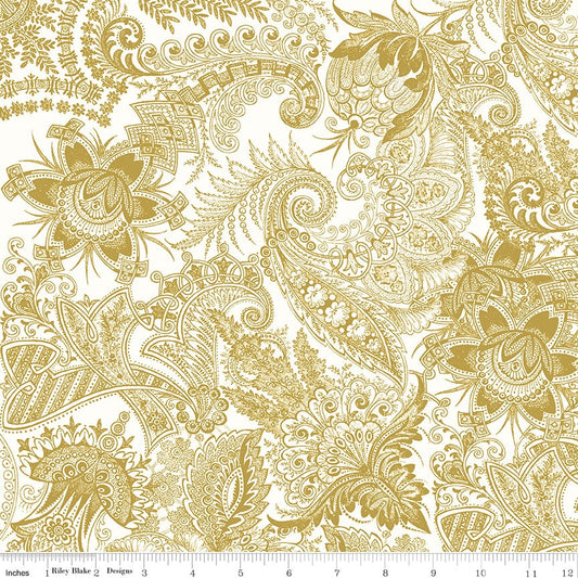 REMNANT 35" of Classic Caskata White Gold Sparkle Paisley Fabric, Riley Blake SC10383-GOLD, Gold Metallic Paisley Cotton Quilt Fabric