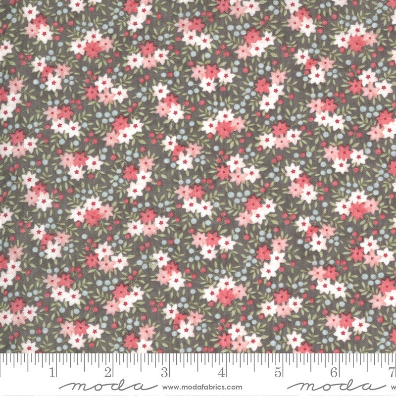 REMNANT 18" of Sanctuary - Shadow Thrive Small Pink White Flowers Gray Fabric, Moda 44253 16, 3 Sisters, Floral Quilt Fabric