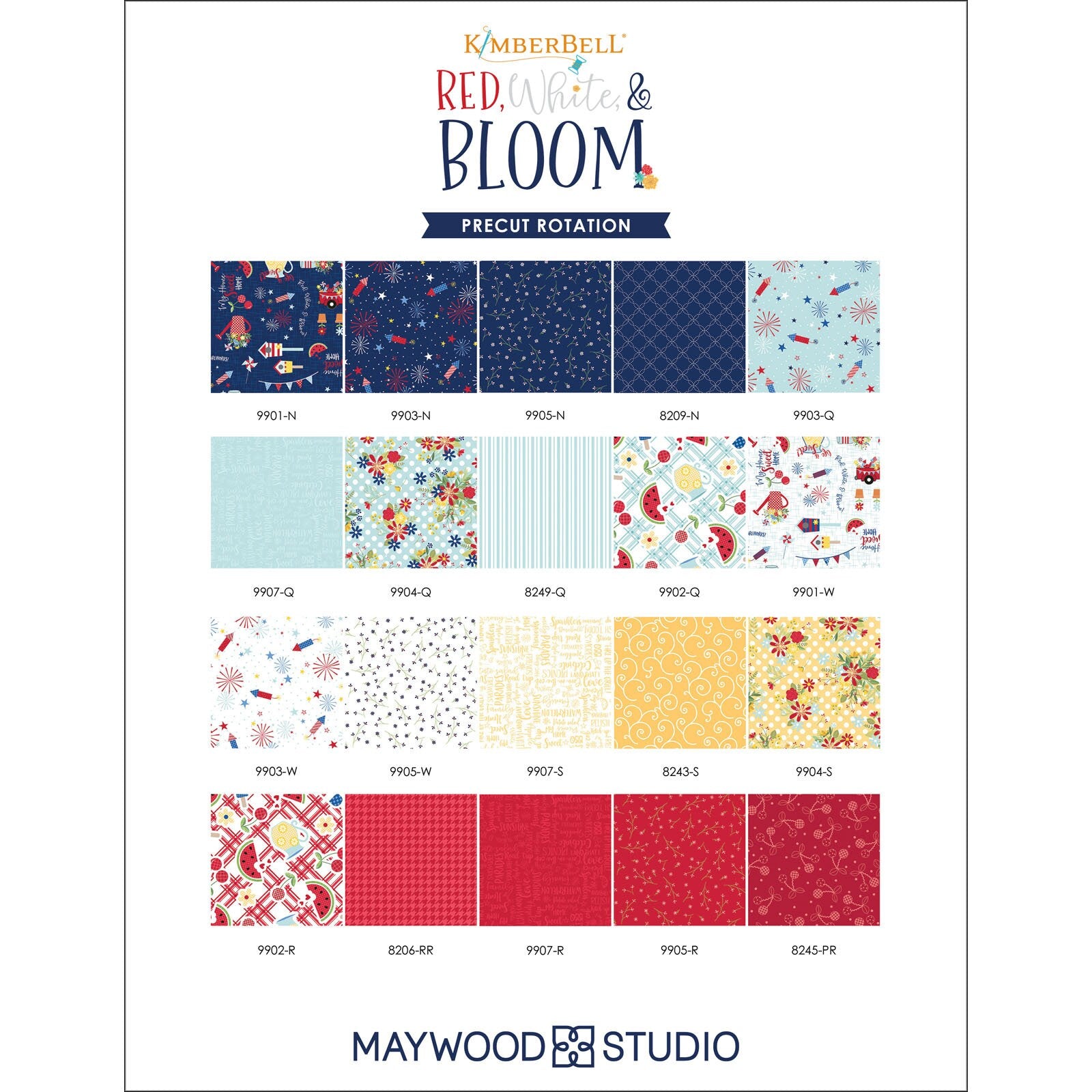 DESTASH Red White and Bloom Charm Pack, CP-MASRWB, Patriotic Charm Pack Fabric, 5" Inch Precut Fabric Squares, Kimberbell, Maywood Studio