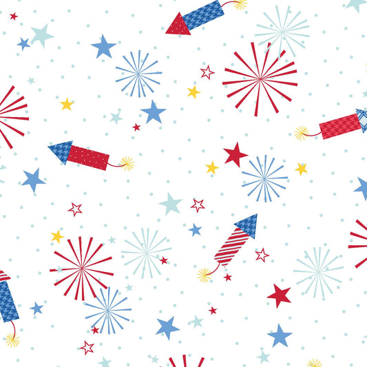 Red White and Bloom Fireworks Fabric, Maywood Studio MAS9903-W, Fourth of July Themed Fabric, Independence Day, By the Yard