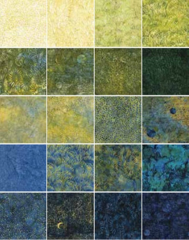 Citrus Sun Stack, Island Batik, 10" Precut Blue Green Yellow Batik Layer Cake Fabric Squares